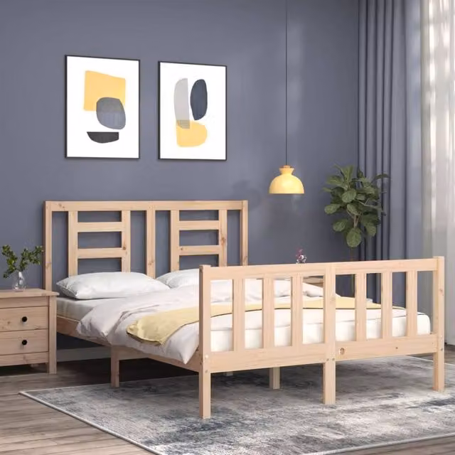 Berkfield Home Beautiful Bed Frame with Headboard in Natural Solid Pine, W/D/H: 140 x 200 x 145.5 cm – 1
