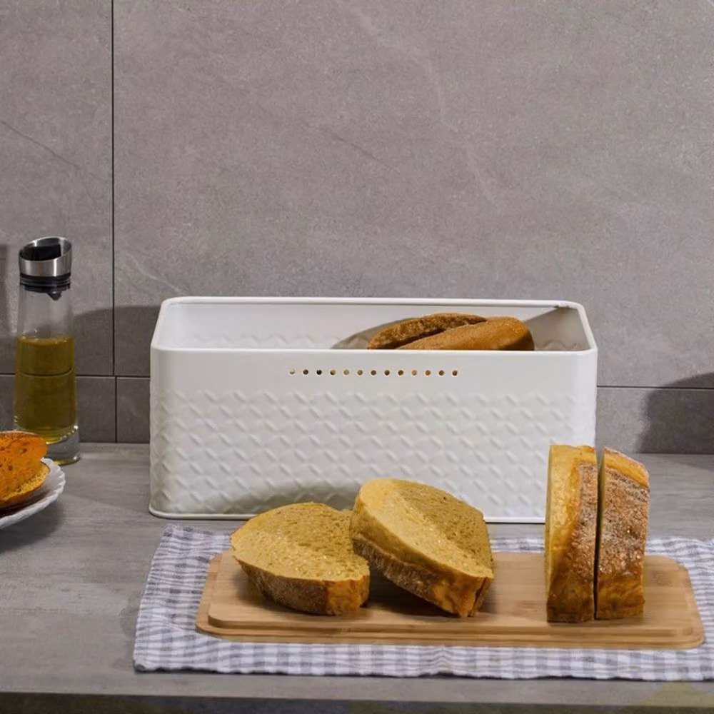 Kelvenix White Embossed Metal Bread Bin with Bamboo Lid Cutting Board – 3