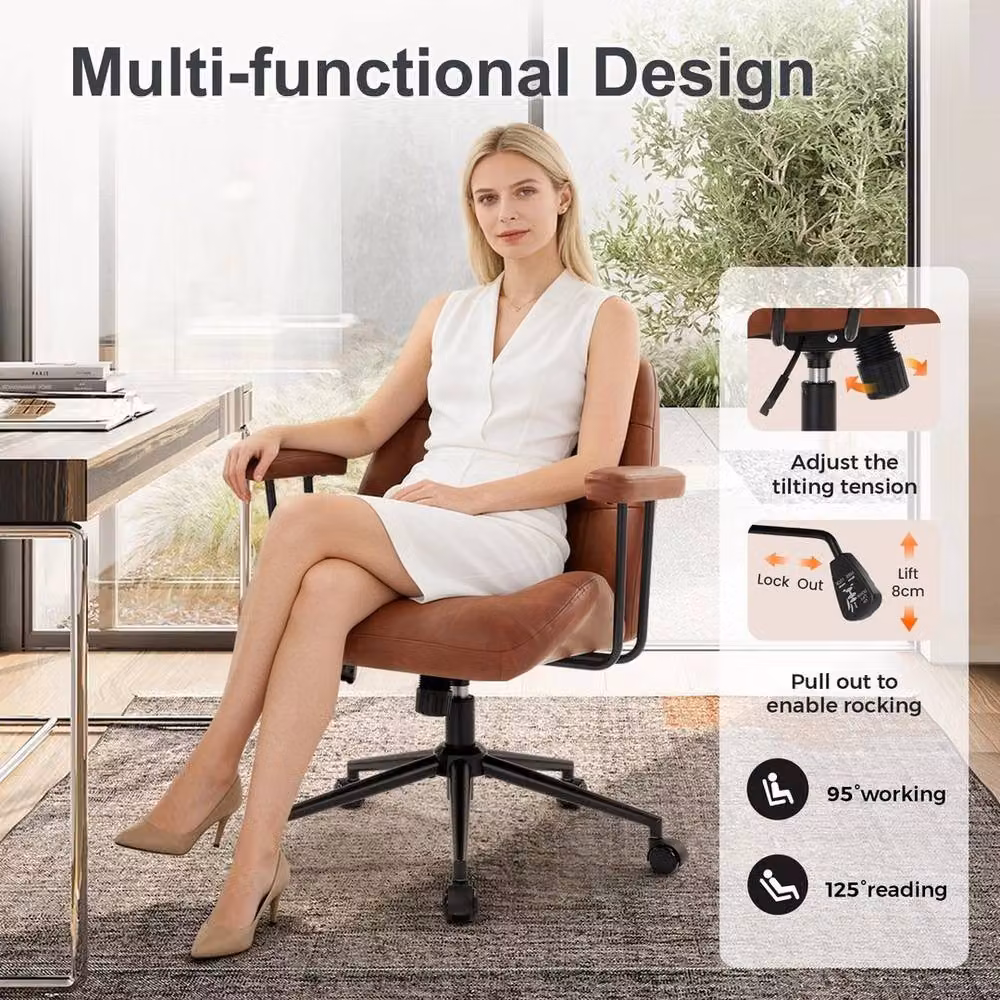 FORGEVIO Brown Ergonomic Home Office Chair with Armrests and Synthetic Leather Upholstery – 4