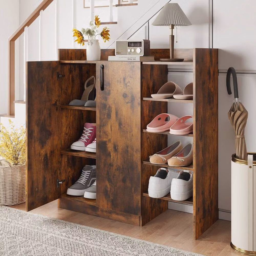 Costway Industrial Wooden Shoe Cabinet with 4 Open Shelves and Hinged Doors in Brown – 5