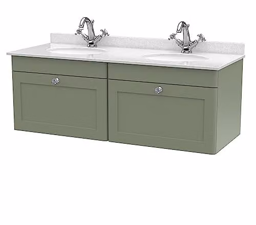 nuie Classique CLC894WR2 Wall Hung 2 Drawer Unit with 1 Tap Hole Double Marble Top and Round Basin, Satin Green and White, W: 122 cm, D: 50.9 cm, H: 47 cm