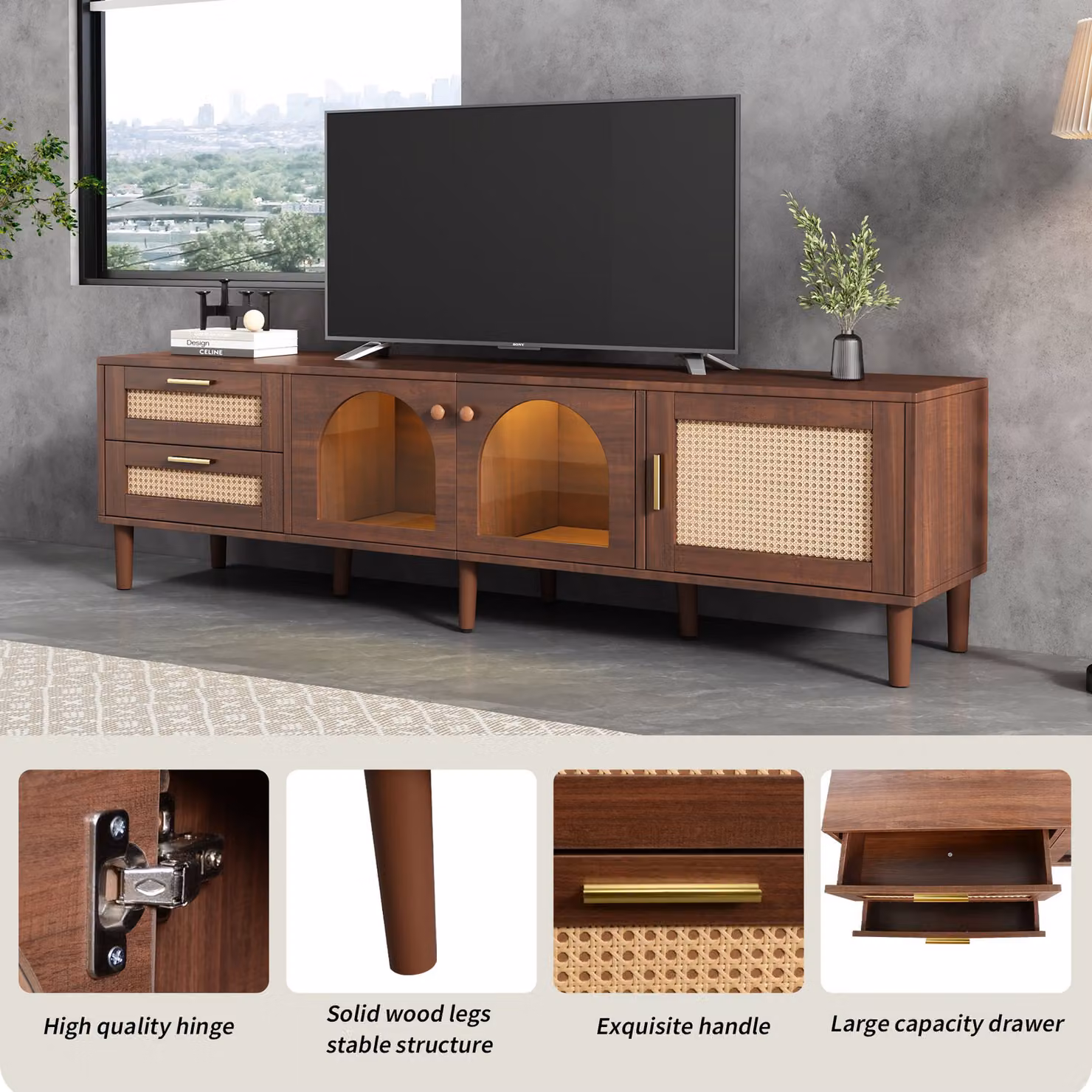 Aosom.UK Brown Wooden TV Stand for 80-Inch TVs with Curved Rattan Drawers, Glass Doors and LED Lighting, W/D/H: 180 x 40 x 50 cm – 6