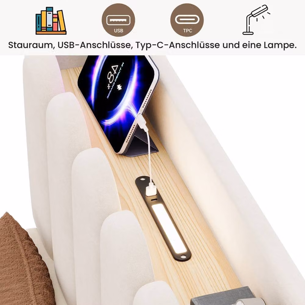 Rolipo Single Platform Bed Frame in Beige Velvet with Storage, USB Charging Port, Bedside Shelf and Integrated Reading Light, W/D/H: 90 x 190 cm