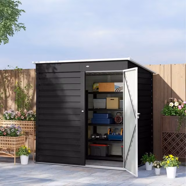 Outsunny Metal Pent Shed with Lockable Door in Dark Grey