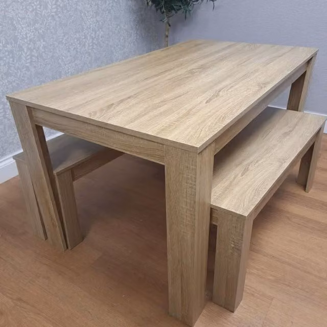 Kosy Koala Modern Rectangular Dining Table and 2 Benches in Brown and Beige Oak Effect