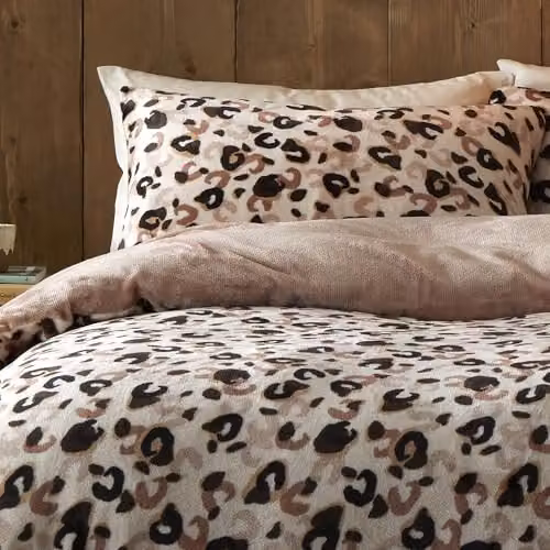 Fusion Leopard Print Reversible Duvet Cover and Pillowcase Set, Natural Beige Flannel Fleece Bedding, W/D/H: 230 x 230 x 220 cm – 3