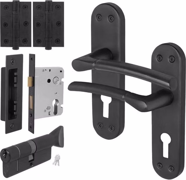 AFIT Matt Black Door Handle with Euro Lock Thumbturn Cylinder and Hinges, 15.0 x 15.0 cm – 1