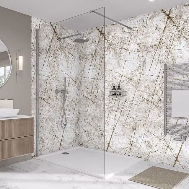 Wetwall Elite Double Post Formed Vienna White Stone Look Shower Panel with Gold Details