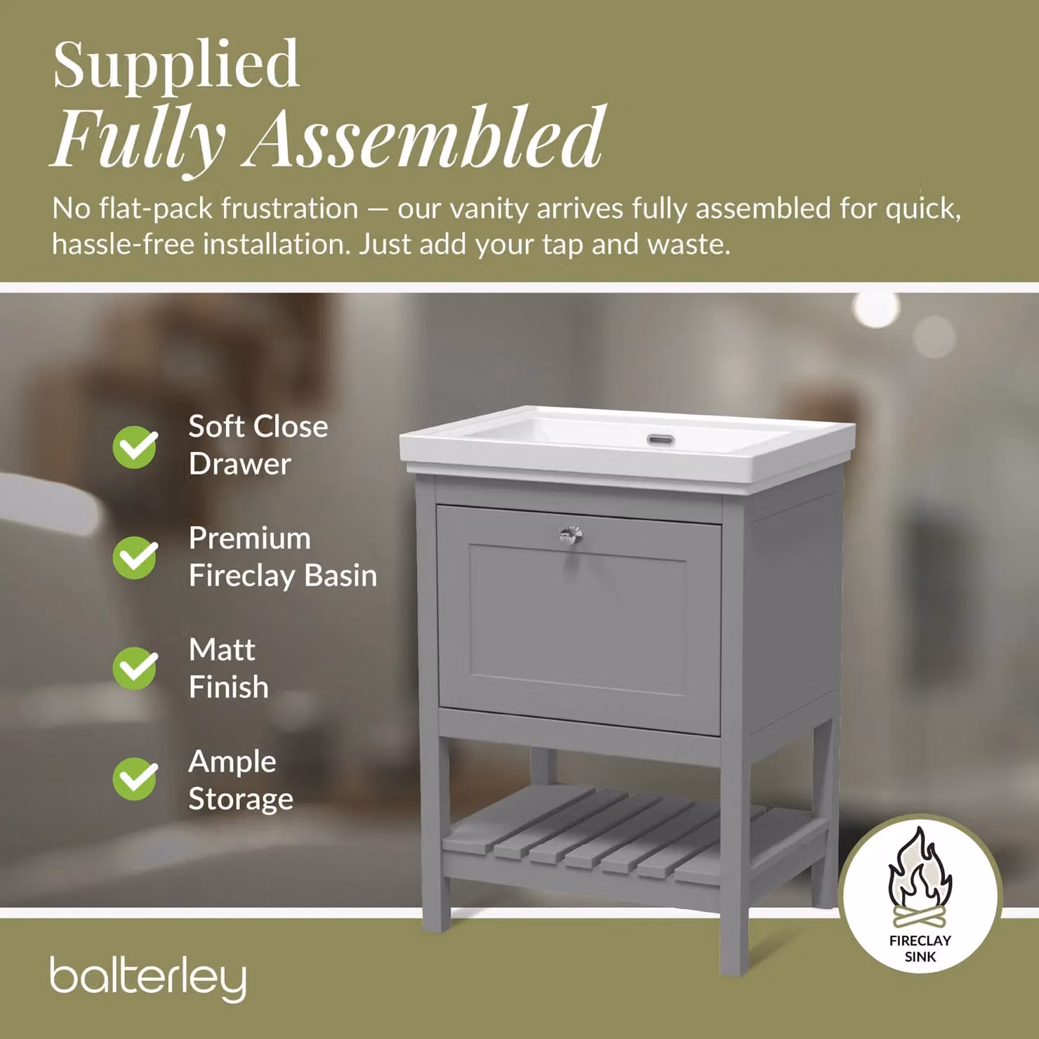 Balterley Freestanding Bathroom Vanity Unit with Basin and Open Shelf, Grey, W: 63.0 cm, D: 47.1 cm, H: 86.5 cm – 3