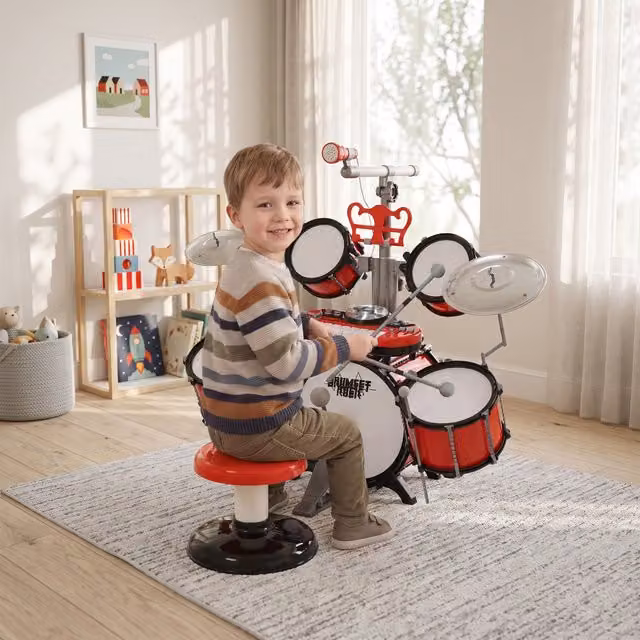 HOMCOM Kids Drum Set for Beginners with Stool and Toy Microphone, Red