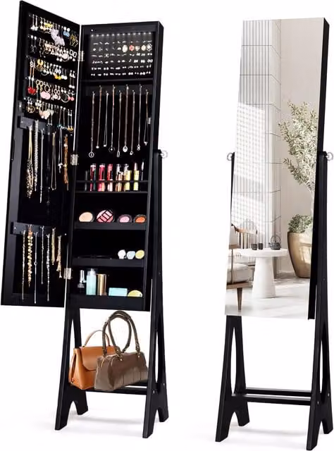 COSTWAY Modern Freestanding Mirror Jewellery Cabinet in Black with LED Lighting and Internal Shelves