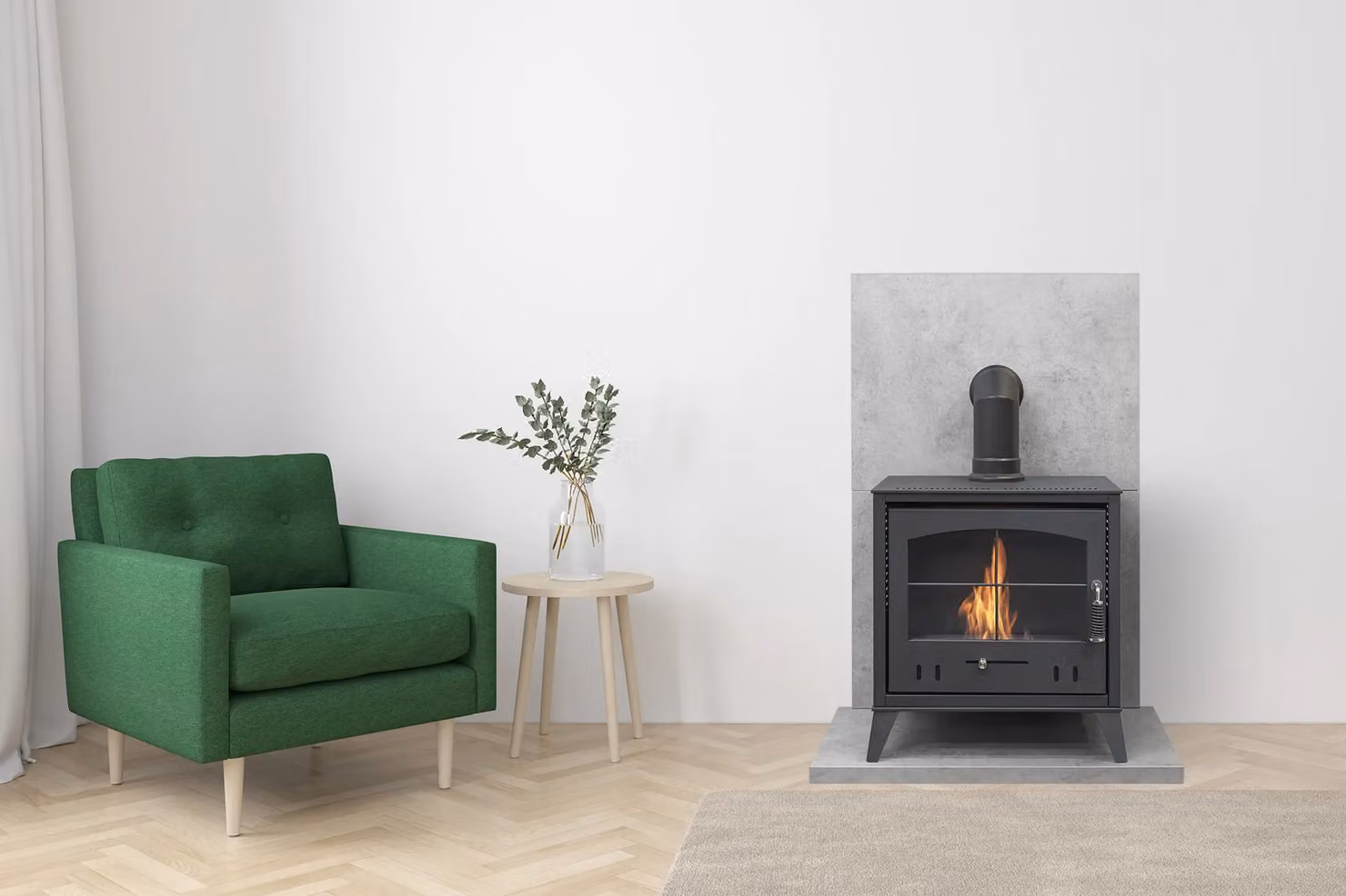 OKO S4 Bio Ethanol Stove in Charcoal Grey with Angled Stove Pipe – 2