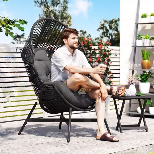 OUTSUNNY Standing Rattan Garden Egg Chair with Headrest, Charcoal Grey