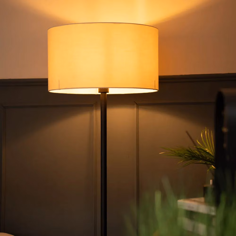 ValueLights Charlie Black Floor Lamp with Beige Fabric Cylinder Shade – 3