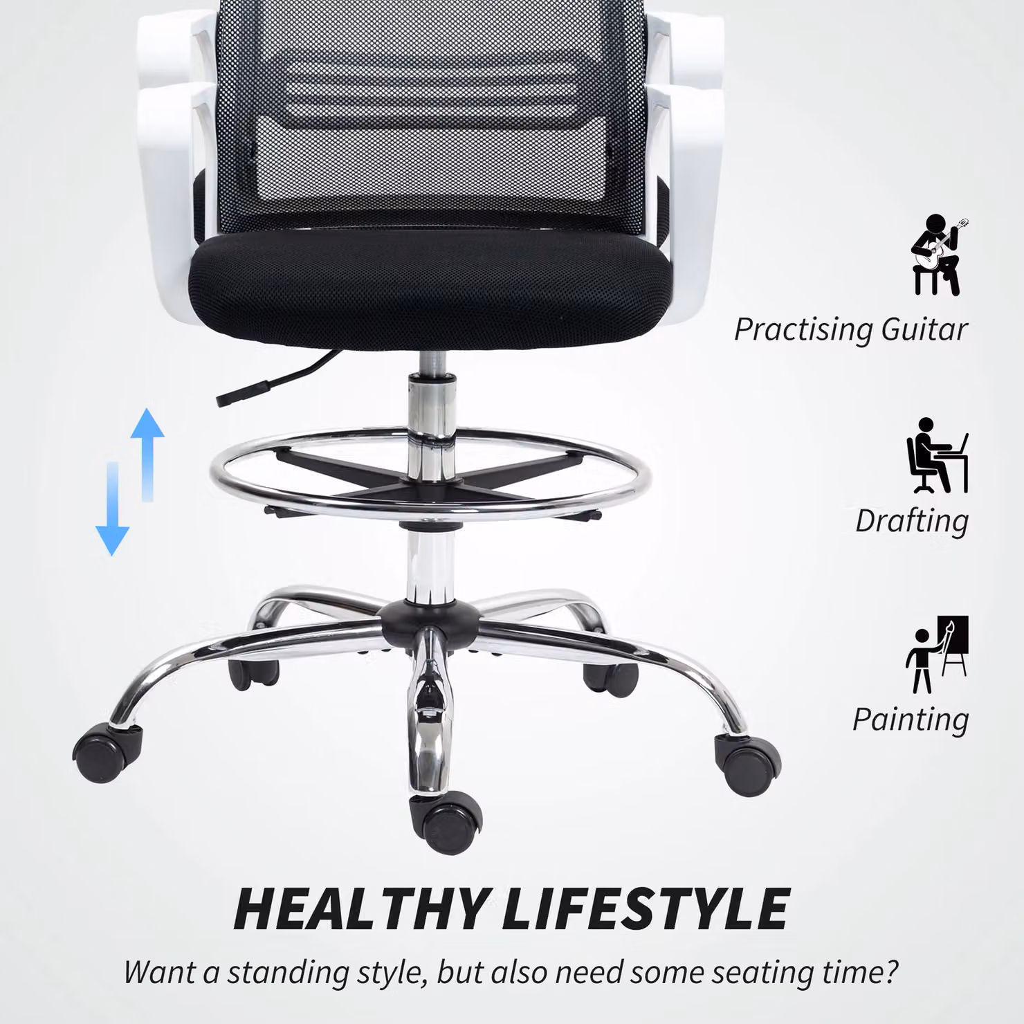 HOMCOM Black Fabric Drafting Chair with Swivel and Foot Ring – 4