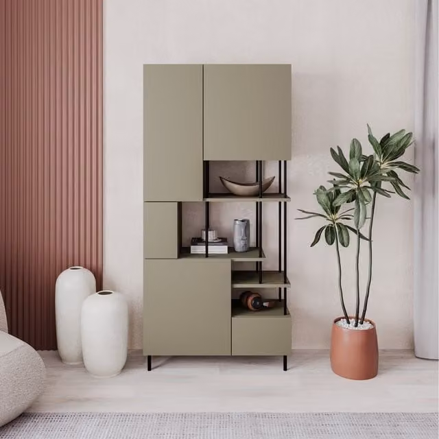 Decortie Modern 5-Door Bookcase Cabinet with Open Shelves in Green, Grey and Sand, H: 175 cm, W: 84 cm, D: 34 cm
