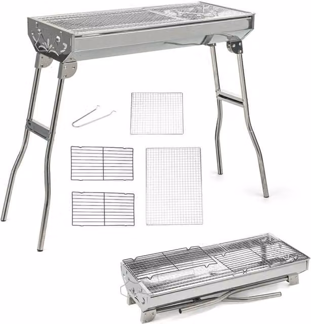 Kelvenix Folding Stainless Steel Charcoal BBQ Grill in Silver