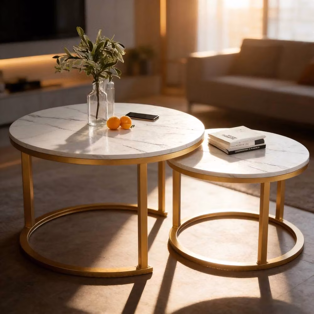 VOGREX Set of 2 Modern Round Nesting Coffee Tables in White and Gold – 3