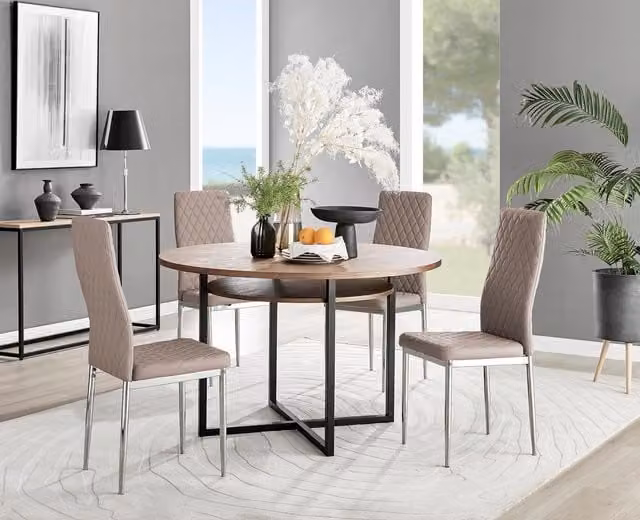 FurnitureboxUK Adley Brown Wood Round Dining Table with 4 Milan Beige Faux Leather Chairs and Chrome Legs