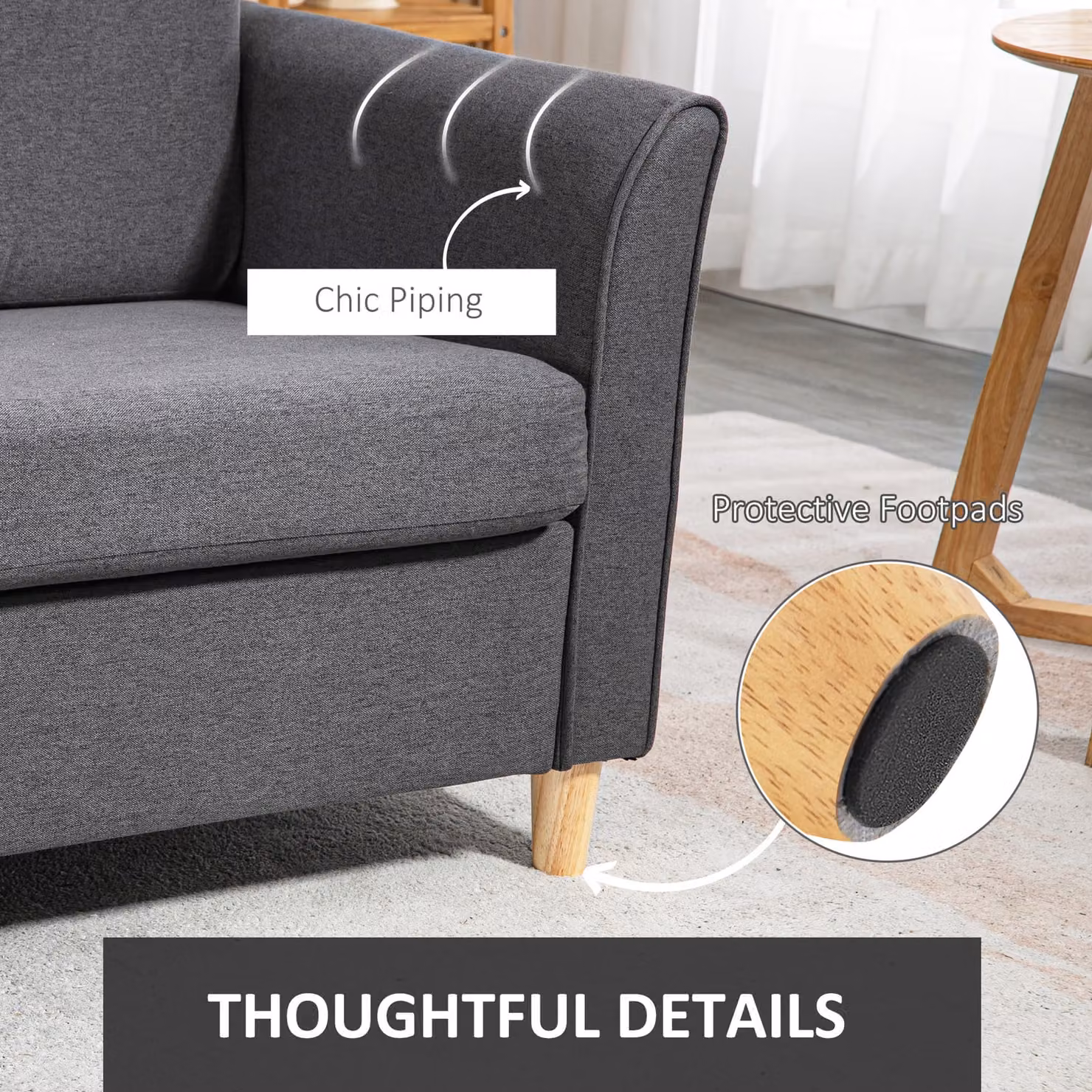 HOMCOM Modern 2 Seater Compact Loveseat Sofa in Dark Grey with Fabric Upholstery and Wood Legs – 6