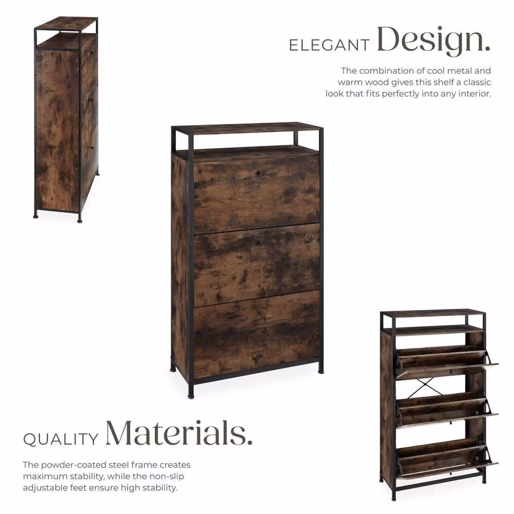 tectake Braddock Industrial Shoe Rack in Dark Brown and Black with Tilting Compartments – 3
