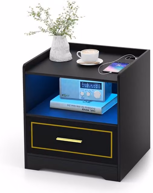 Gymax Smart LED Nightstand with Integrated Lighting and Drawer, Black – 1