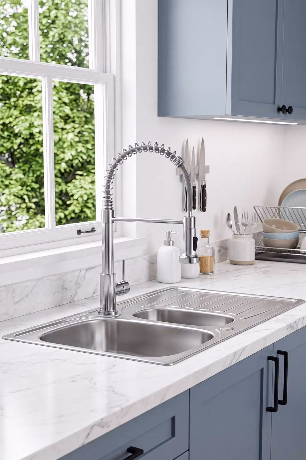 JANLEMNY Chrome Pull-Down Sprayer Kitchen Mixer Tap with 360 Swivel and 2 Spray Modes in Silver – 3