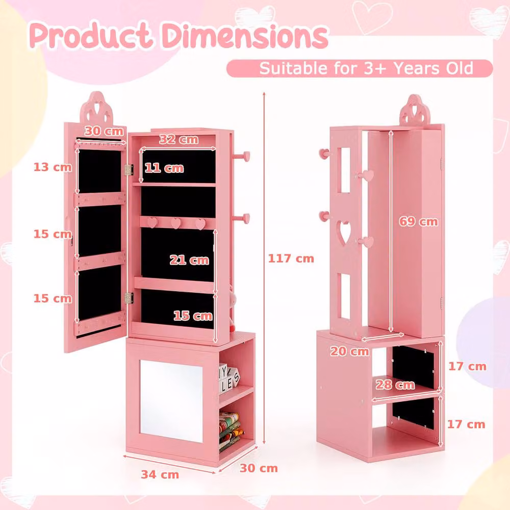 CASART Kids Jewelry Cabinet with Full-Length Mirror and Hinged Doors in Pink – 2