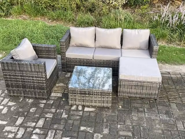 Fimous Rattan Garden Furniture Set in Dark Grey with Armchair, Square Coffee Table and Ottoman
