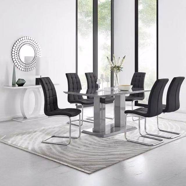 FurnitureboxUK Imperia Grey Rectangular Glass Dining Table and 6 Murano Black Chairs – 1