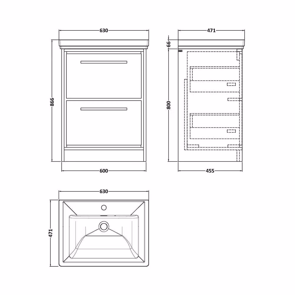 Balterley Longnor 2 Drawer Floor Standing Vanity Basin Unit, Light Oak Brown, W: 60.0 cm, H: 86.6 cm – 2