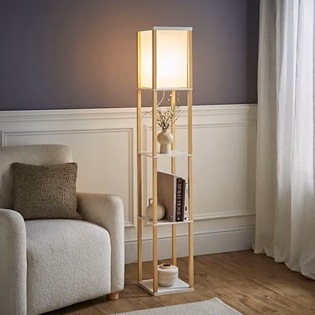 ValueLights Struttura Shelving Unit Floor Lamp with Fabric Shade in Wood