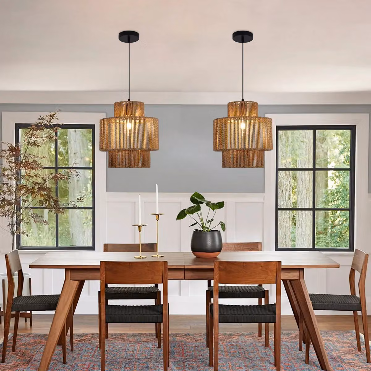 Garwarm Bronze Woven Rattan Boho Farmhouse Pendant Light with Adjustable Height – 2