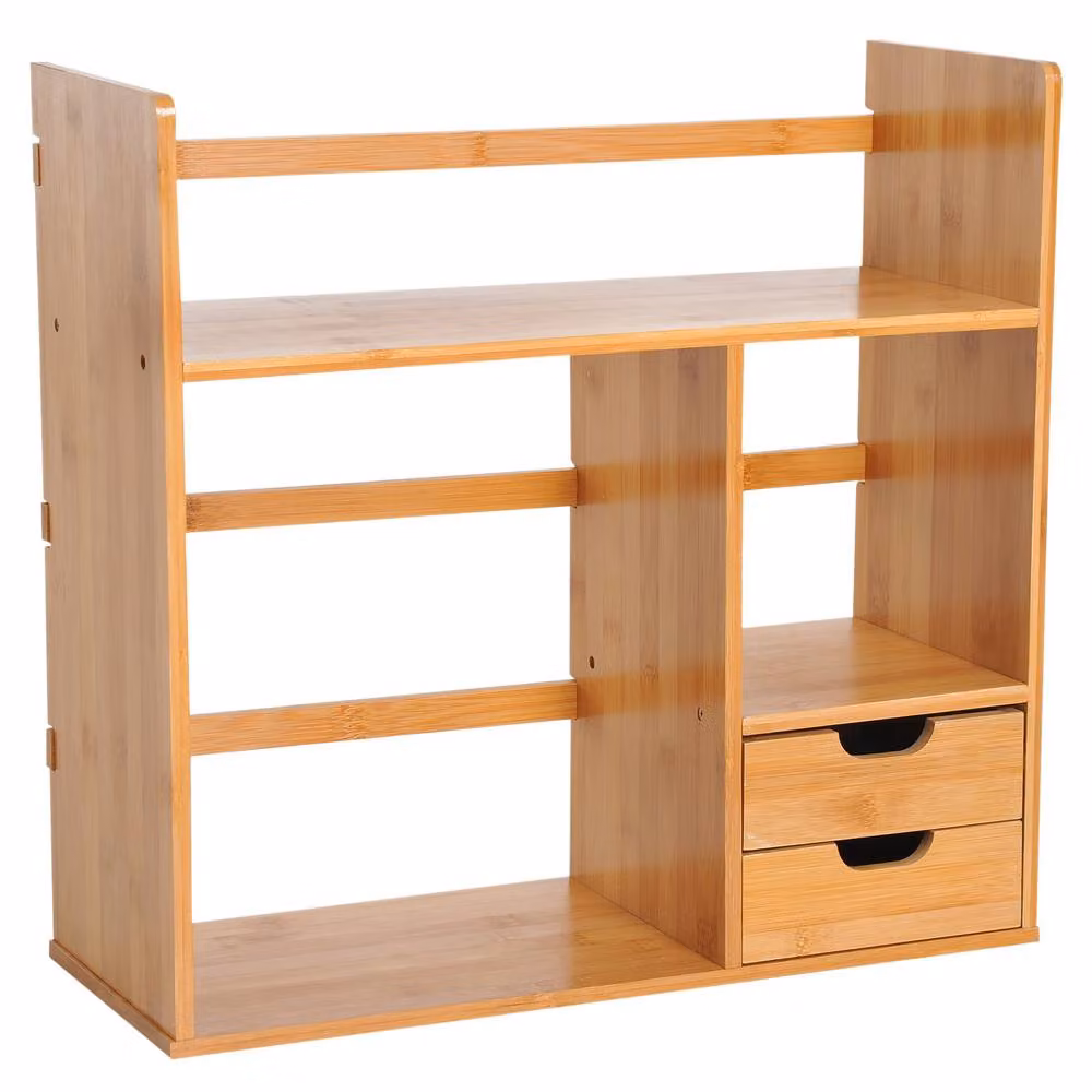 STILVORA Bamboo Desk Organiser with 2 Drawers and 2-Tier Rotating Storage in Beige – 2