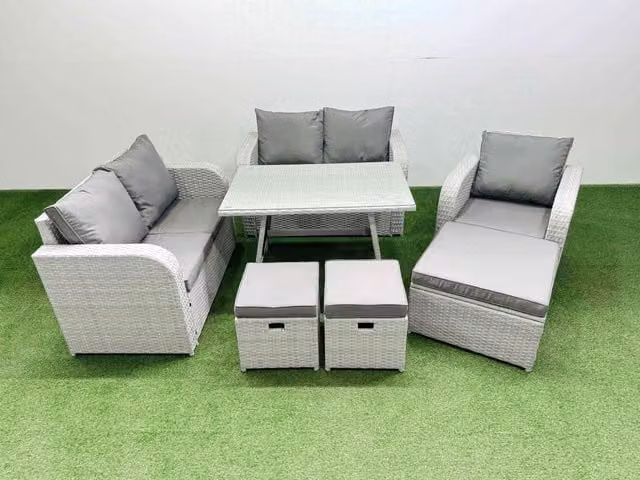 Fimous 8 Seater Rattan Garden Furniture Set with Love Sofa and Reclining Chairs in Light Grey