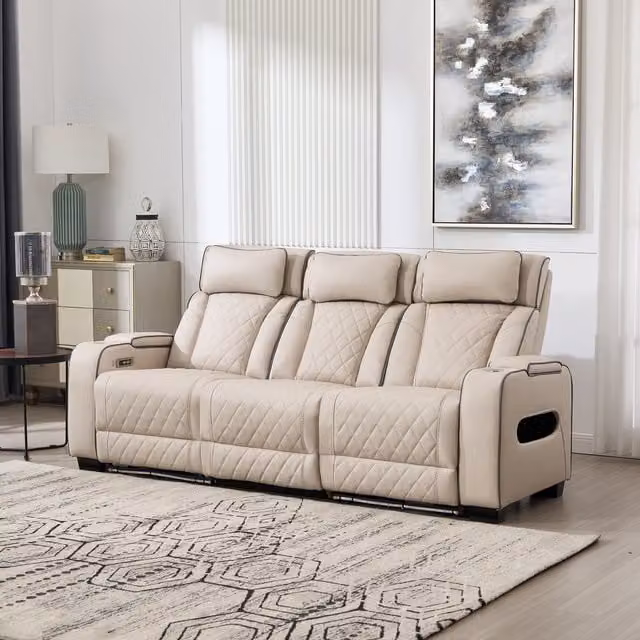 More4Homes Capri Electric Recliner Sofa Set with Bluetooth Speakers, USB Charging and LED Lighting, Beige, 3 Piece Set
