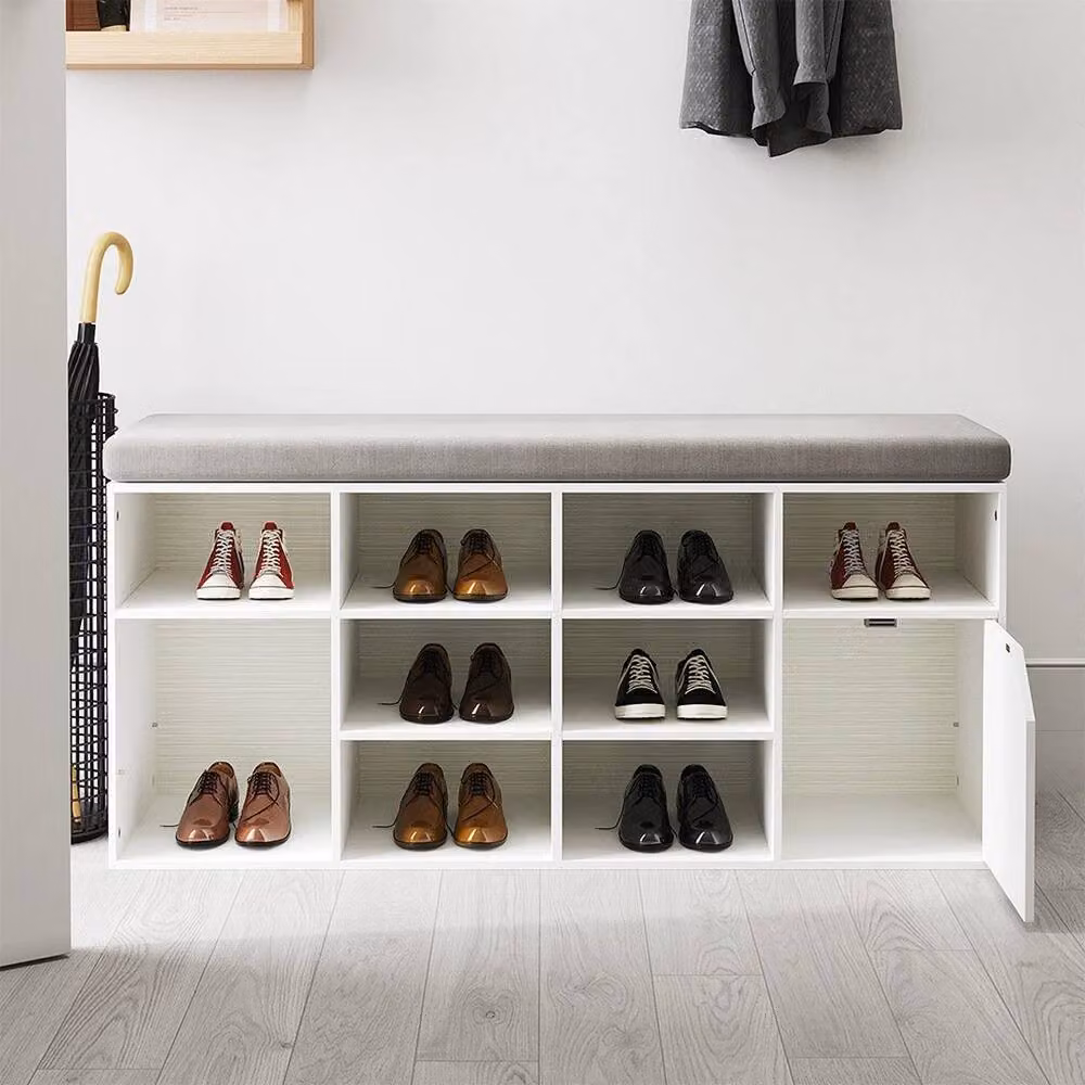 FLAVORA White Shoe Bench with Grey Fabric Cushion and Shoe Rack Storage Cabinet, Width: 50 cm – 2