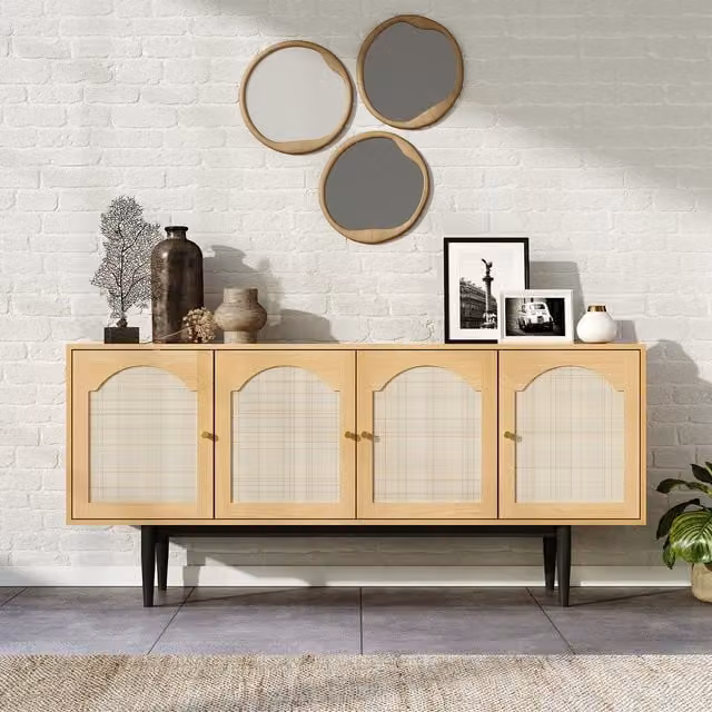 Livingandhome Modern Woven 4-Door Wooden Sideboard Cabinet in Brown, Beige and Gold