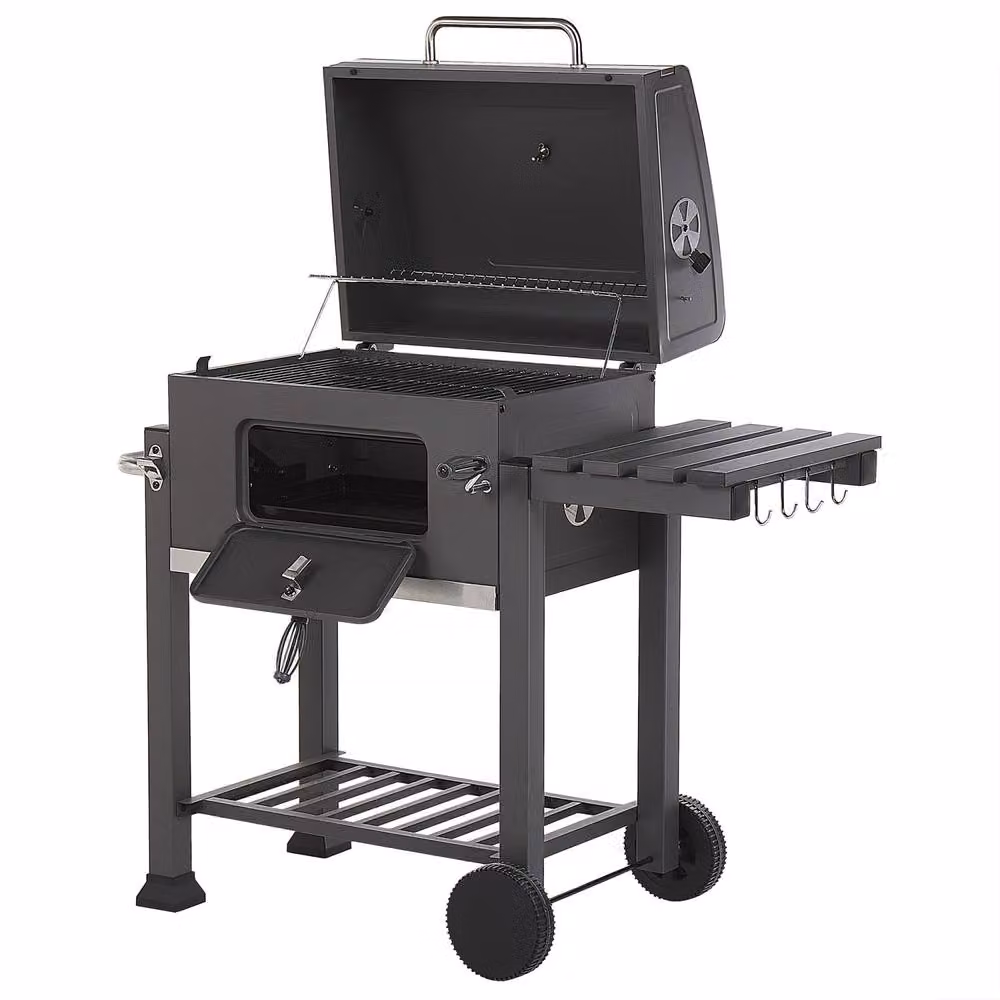Wyld and Coco Charcoal BBQ Grill with Lid, Thermometer, Warming Rack and Wheels in Grey – 5