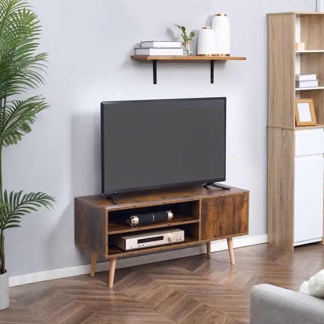HOMCOM Mid-Century TV Stand Cabinet with Cable Management in Brown