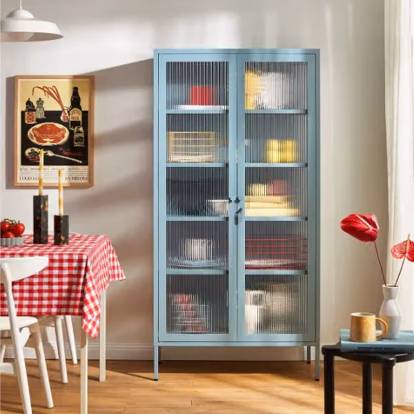 Mustard Made The Collector Freestanding Modern Cabinet in Blue with Glass Doors, H 170 x W 85 x D 40 cm – 2