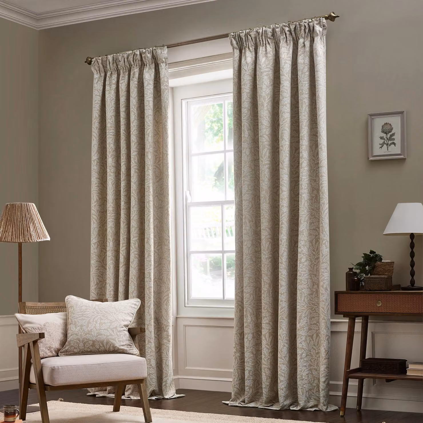 Morris & Co Acorn Tonal Matt Jacquard Pencil Pleat Curtains in Beige, Width: 168 cm, Drop: 137 cm – 2