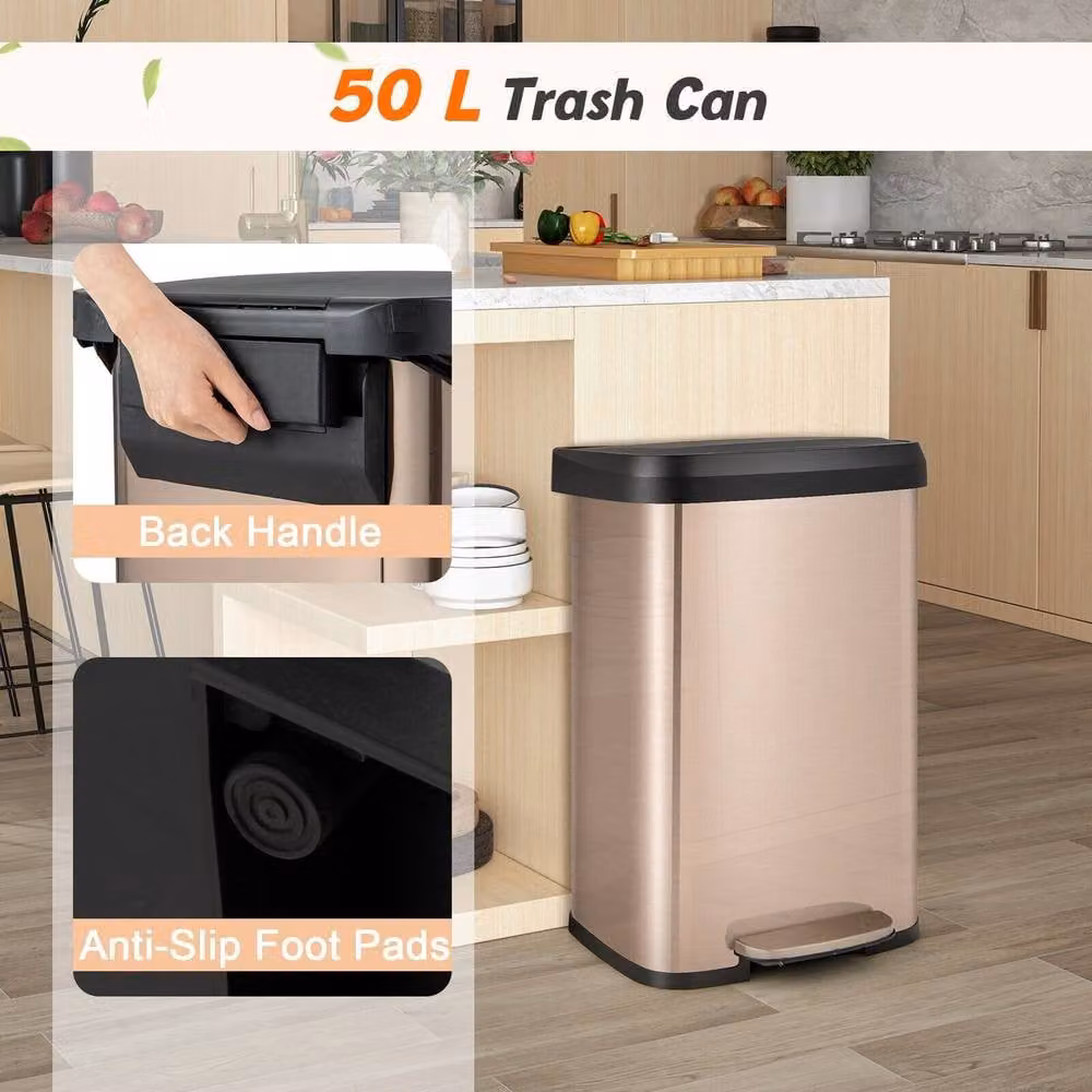 CASART 50L Stainless Steel Step Trash Can with Soft Close Lid and Odour Filter, Gold – 7