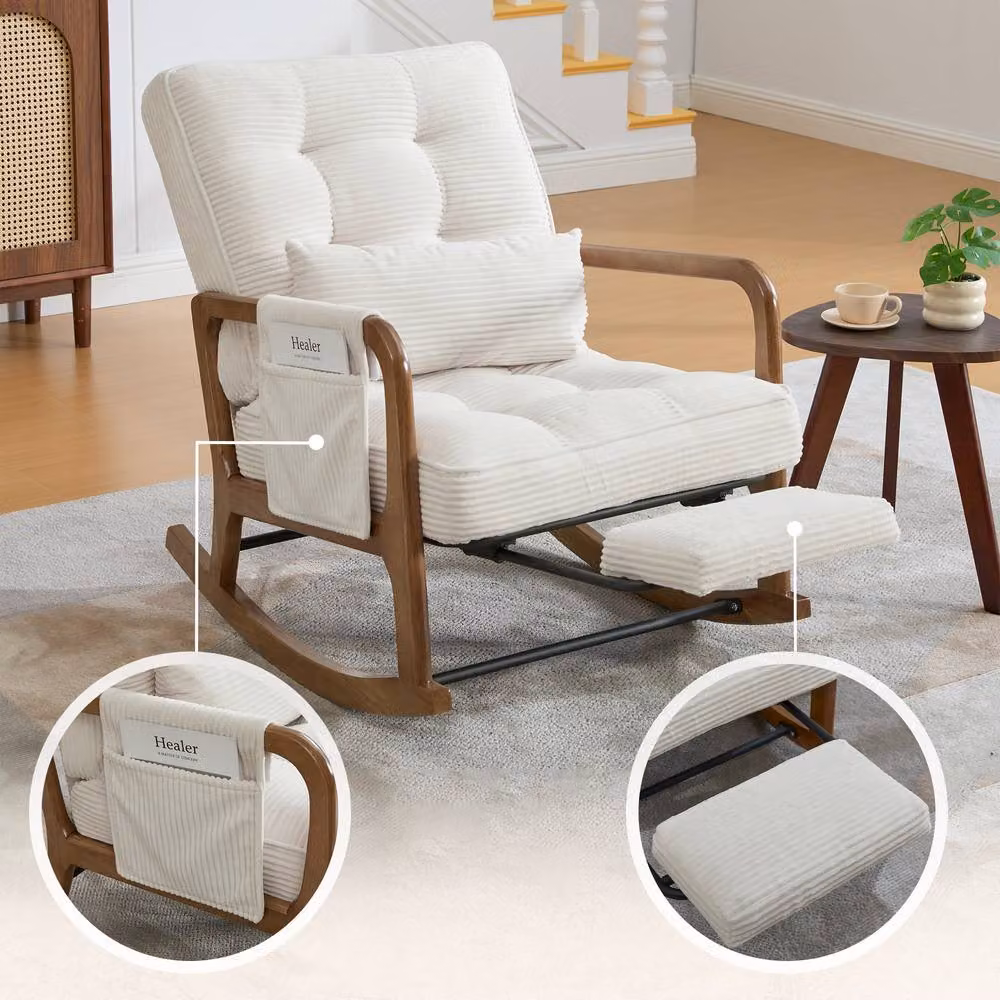 GOMYWAY Matteo Corduroy Nursery Rocking Chair with Adjustable Footrest in Beige – 3