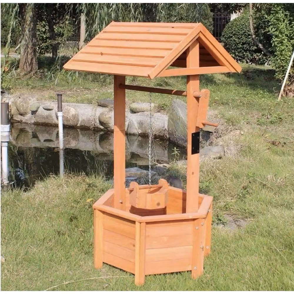 FLAVORA Rustic Wooden Wishing Well Planter in Brown, H 95.5 x W 43.0 x D 43.0 cm – 2