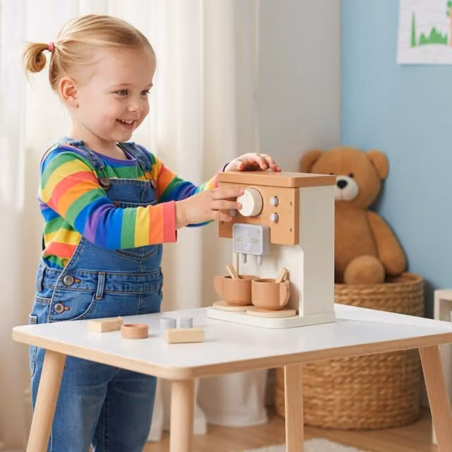 AIYAPLAY Kids Wooden Coffee Machine Toy in Brown