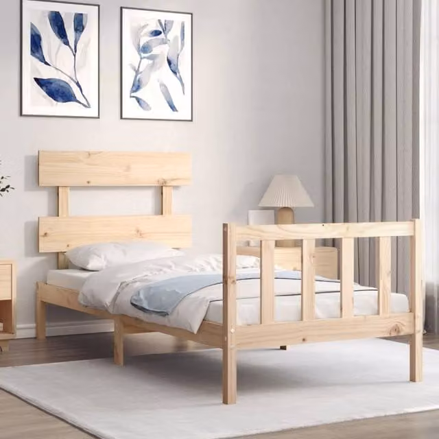 Berkfield Home Beautiful Solid Wood Bed Frame with Headboard in Beige, W/D/H: 90 x 200 x 105.5 cm – 1