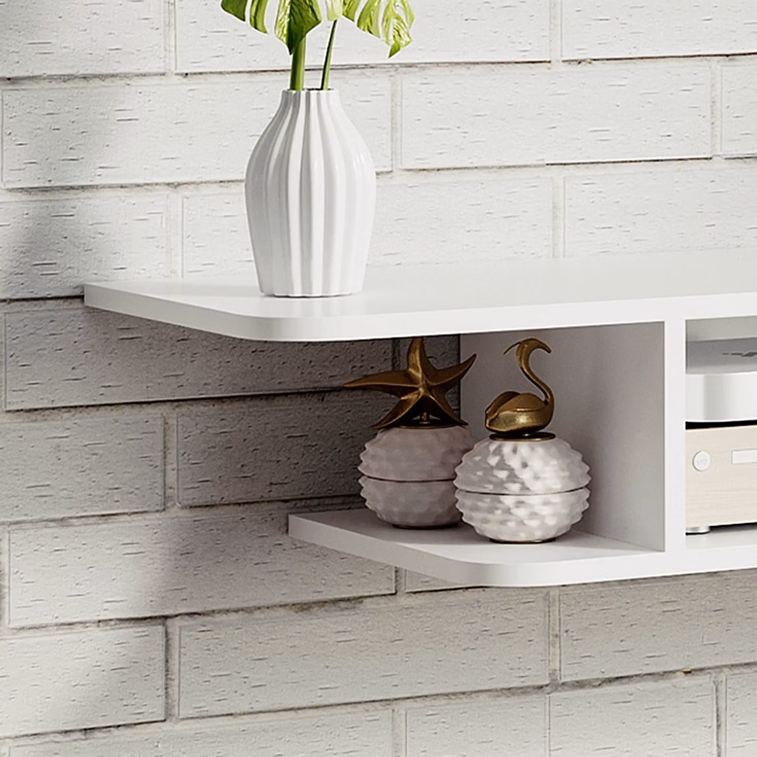 HOMCOM White Glossy Floating TV Unit Stand for TVs up to 40 inch, Wall Mounted Modern Media Console with Storage Shelves – 4
