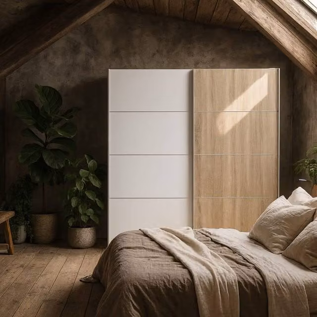 Wyld Haus Bordeaux White Natural Oak Double Sliding Door Wardrobe with Internal Shelves and Hanging Rod H 180 cm x W 180 cm x D 60 cm