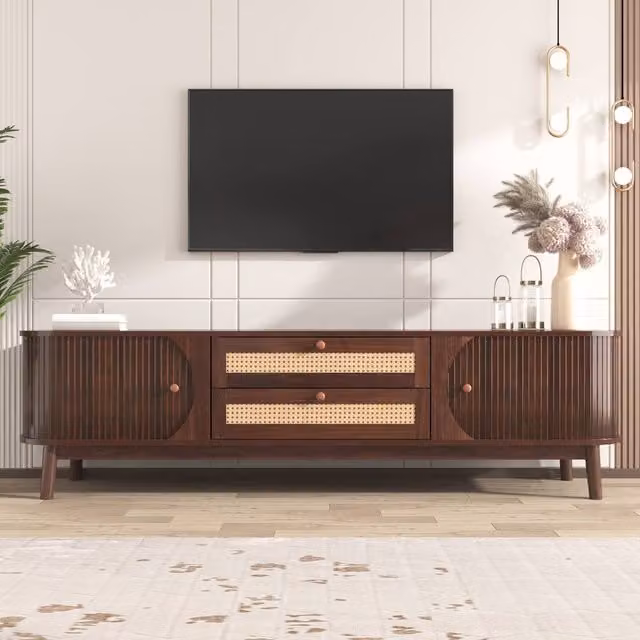 ModernLuxe Country Style TV Cabinet with Rattan Drawers and Doors in Walnut – 1
